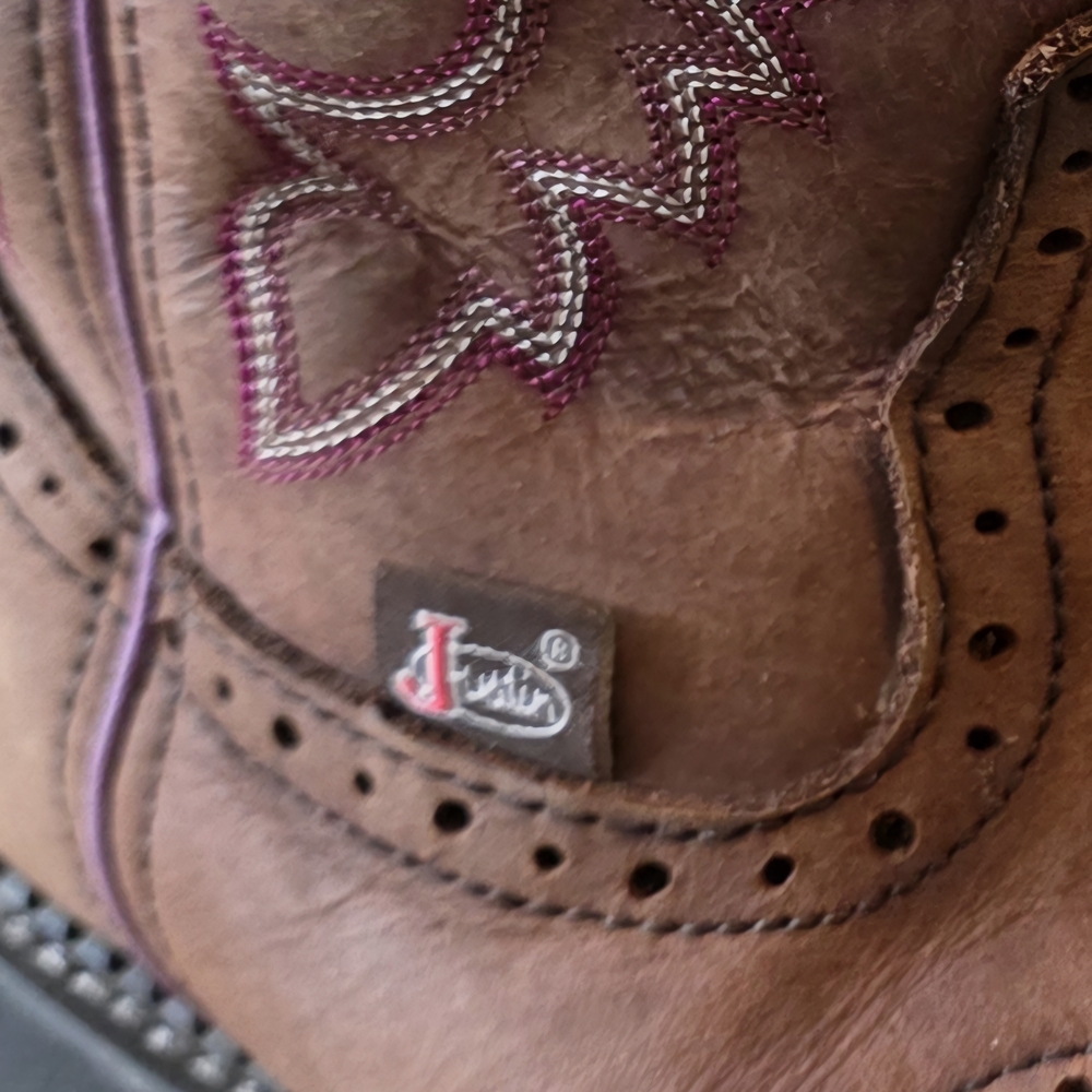 Justin Boots Brown Ankle Booties with Purple Stitching